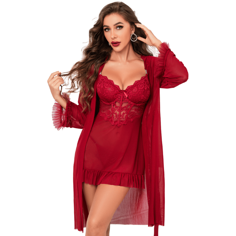 3 Piece Lace Sexy Kimono Robe Babydoll Nightwear Set - Sohimi, Red / S 3 Piece Lace Sexy Kimono Robe Babydoll Nightwear Set - Sohimi, Red / S