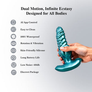 Teal silicone toy held by a hand with features listed on a white background