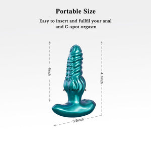 Teal anal plug with measurements and text on a white background