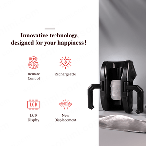 Product with features listed on a green background, including remote control, rechargeable, LCD display, and new displacement.