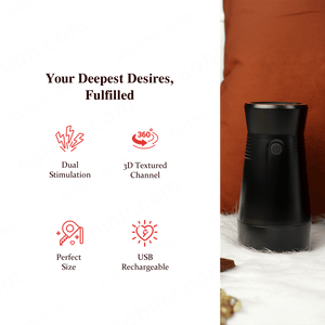 Black male adult toy device with text on a green background and red symbols, featuring 'sohimi.com'.