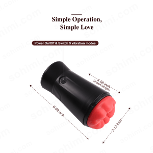 Black and red male sex toy device with 'sohimi.com' branding on a green background