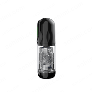 Black and clear male sex toy device on a green background with 'sohimi.com' text.