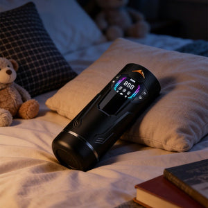 MARS automatic masturbator displayed on a bed in a lifestyle setting