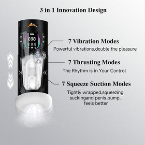 3-in-1 automatic male masturbator showing vibration, thrusting, and suction modes