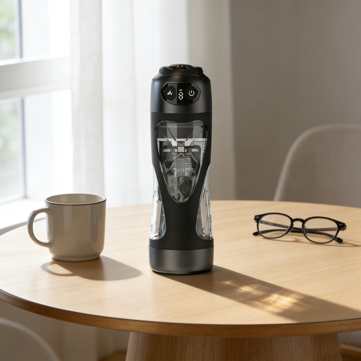 Black and clear sex toy on a wooden table with a mug and glasses in the background