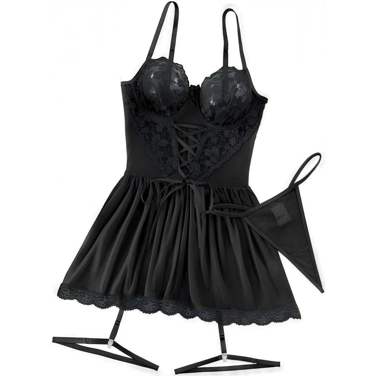 Strappy Sexy Lace V - Neck Babydoll Lingerie Set - Sohimi