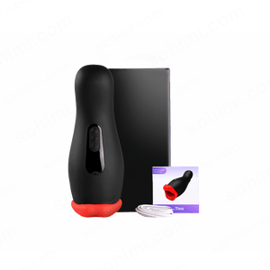 Black and red electronic device with packaging and cable on a white background