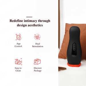 Black and red electronic device on a bed with promotional text about features.