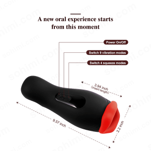 Black and red oral device with text on a green background