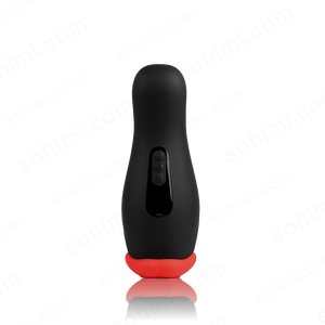 Black and red device with a brand logo on a transparent background