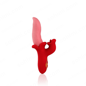 Red and pink tongue vibrator on a green background with 'sohimi.com' text.