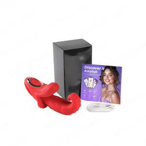 Red toy, black box, purple card with woman's face, and white charging cable on a green background with 'sohimi.com' text.