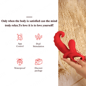 Red sex toy held by a hand with promotional text on a green background