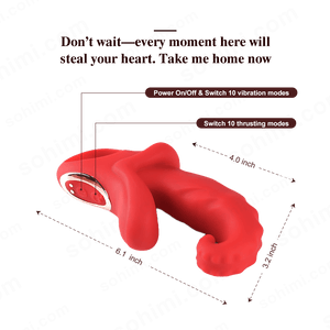 Red sex toy with features highlighted on a green background with 'sohimi.com' branding.