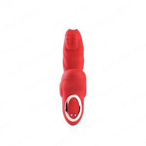 Red silicone tongue vibrator on a green background with 'sohimi.com' text.