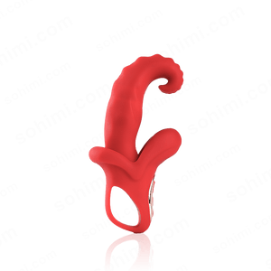 Red female sex vibrator with tongue design on a transparent background