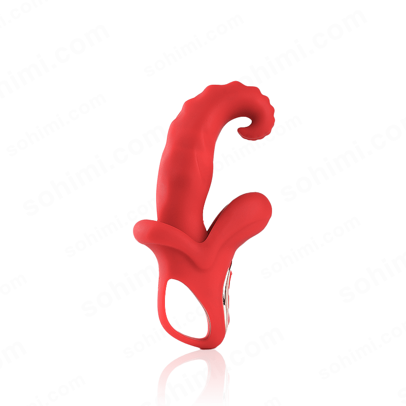 Red female sex vibrator with tongue design on a transparent background