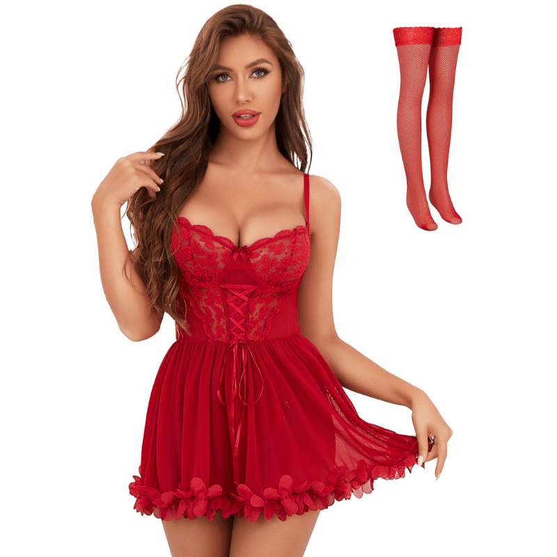 Woman 4 pcs Sexy Lace Camisole Lingerie with Stockings - Sohimi, Red / L Woman 4 pcs Sexy Lace Camisole Lingerie with Stockings - Sohimi, Red / L