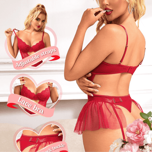Woman's 4 Pcs Sexy Bodysuit Lingerie Sets with Detachable Mesh Mini Skirt - Sohimi