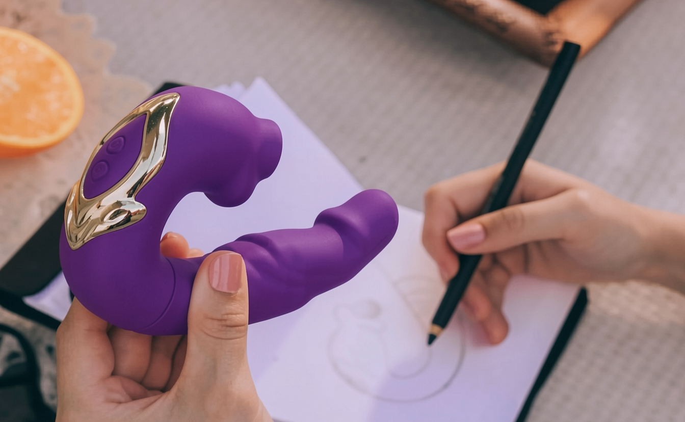 Purple g-spot vibrator held by a hand 