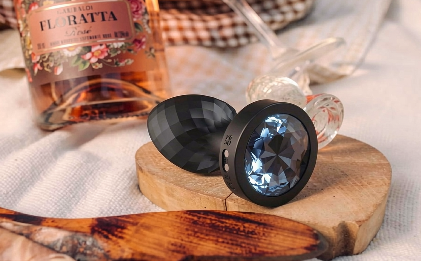 Black and blue jeweled butt plug on a wooden coaster 