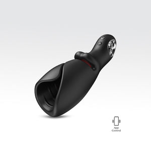 Black electronic device with app control indicator on a gray background