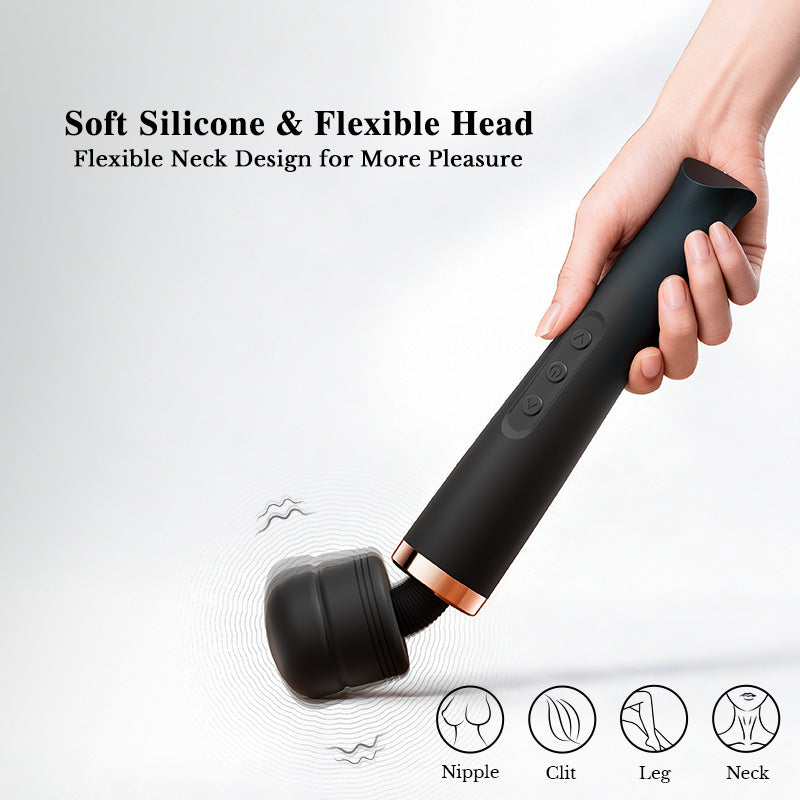 Black handheld device with soft silicone and flexible head, held by a hand on a light gray background.