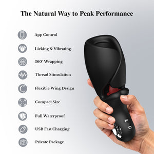 Black handheld device with features listed on a gray background