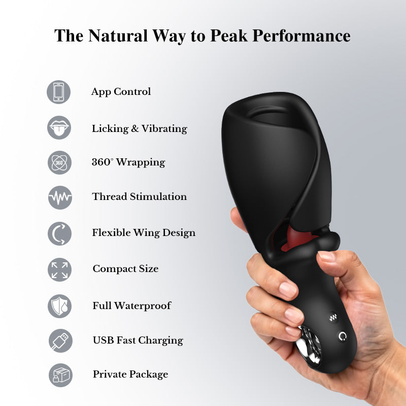 Black handheld device with features listed on a gray background