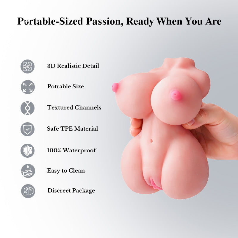 Pink silicone product held by a hand with features listed on a gray background