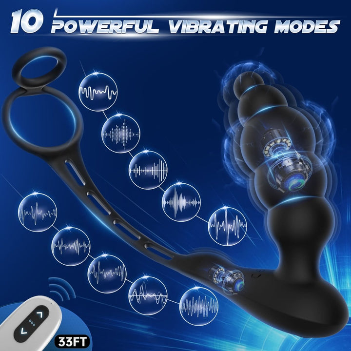 3 in 1 Anal Beads Prostate Massager Dual Cock Rings Anal Vibrator Toy - Sohimi