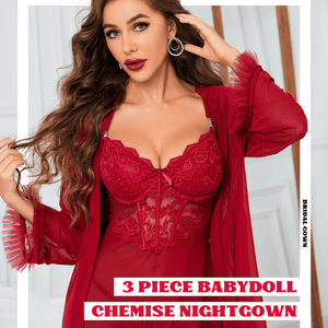 3 Piece Lace Sexy Kimono Robe Babydoll Nightwear Set - Sohimi