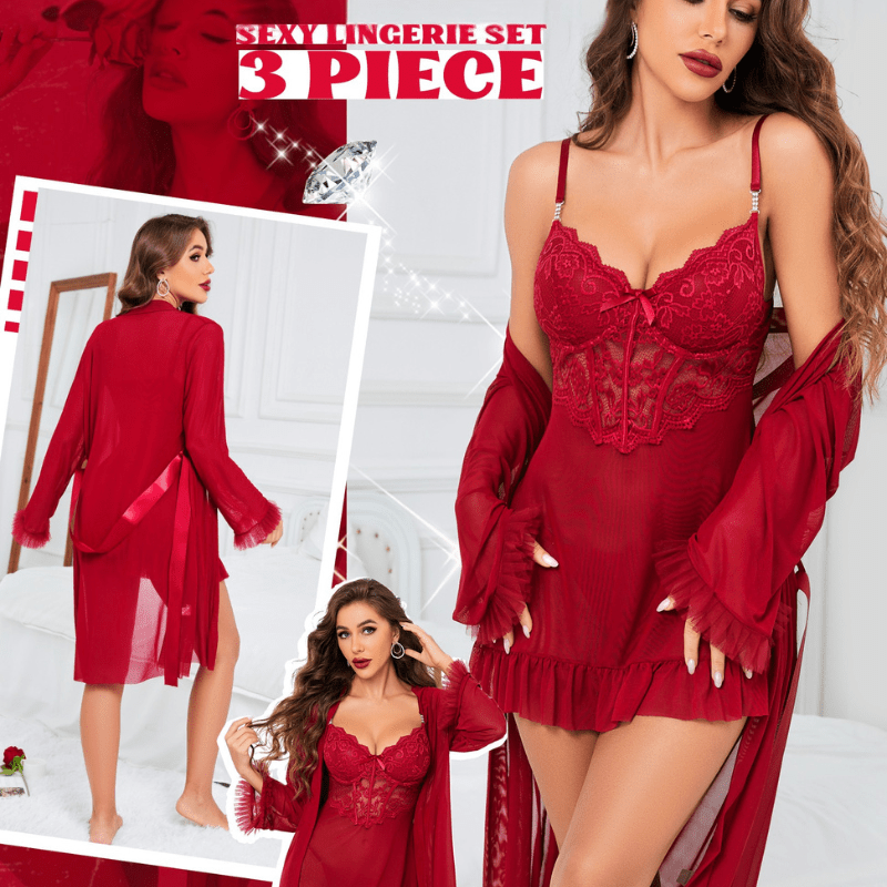 3 Piece Lace Sexy Kimono Robe Babydoll Nightwear Set - Sohimi