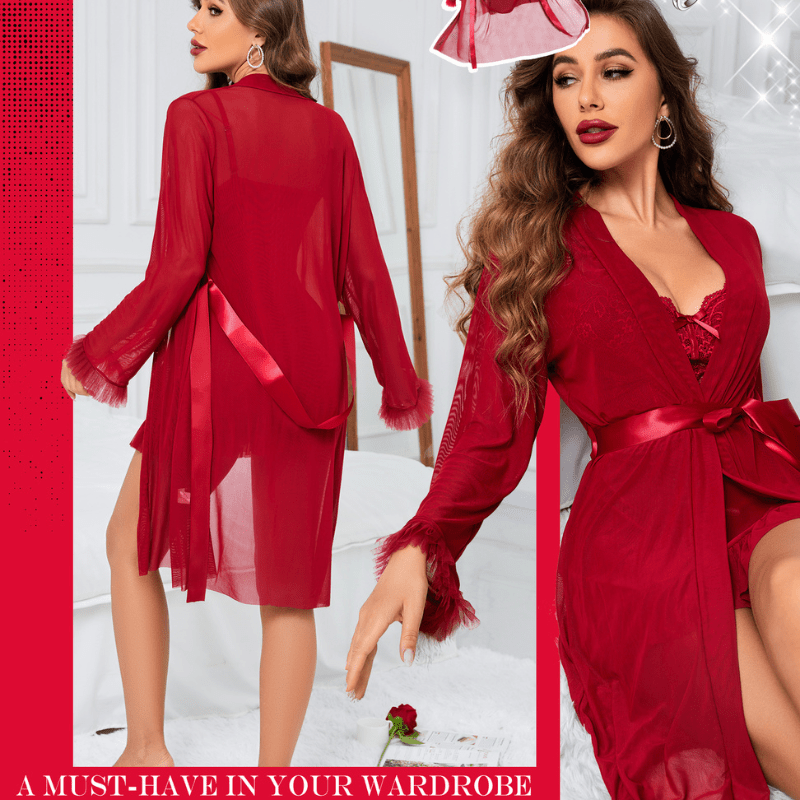 3 Piece Lace Sexy Kimono Robe Babydoll Nightwear Set - Sohimi