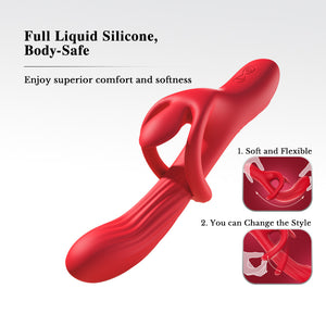 Red silicone product with text highlighting its features on a white background