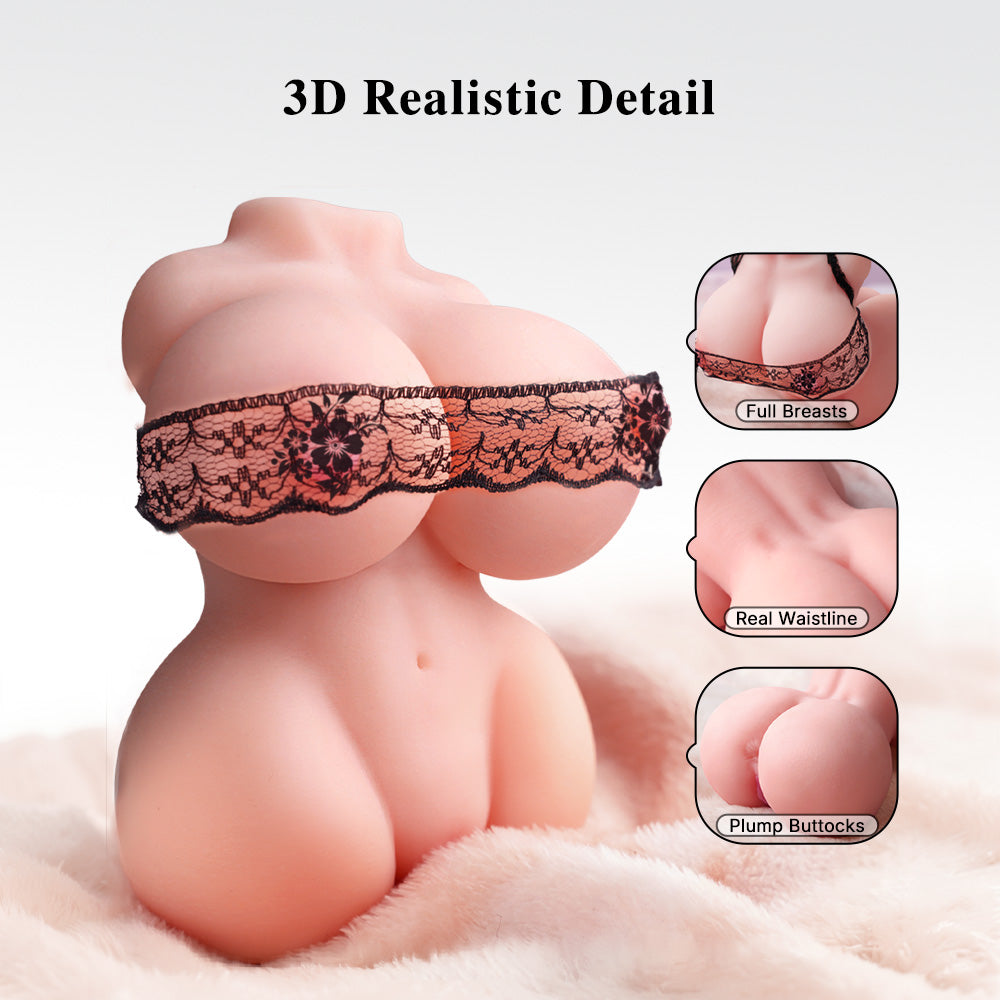 3D realistic depiction of a female figure wearing black lace lingerie with close-up details on a white background.