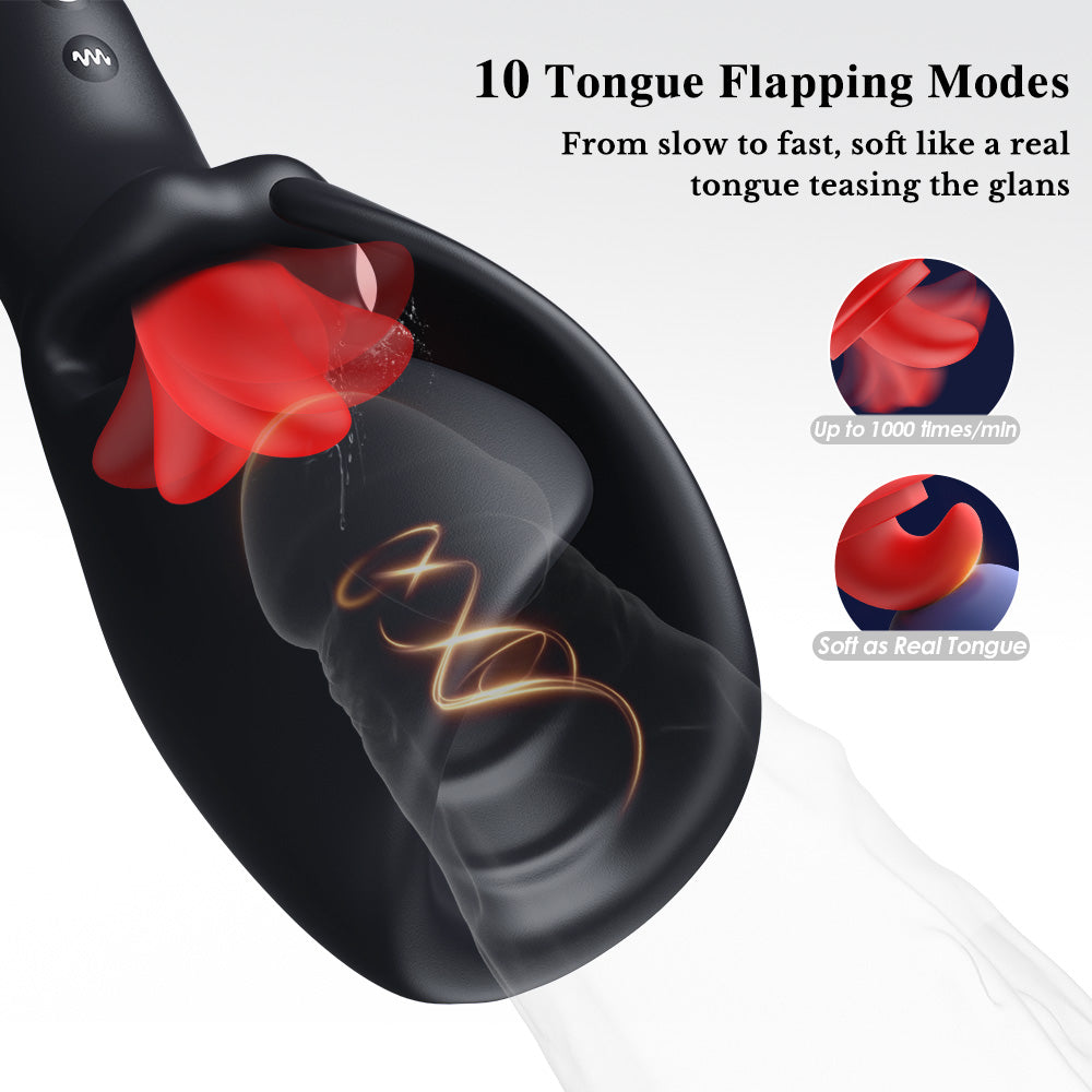 Black device with red tongue-like component on a white background, showing 10 tongue flapping modes.