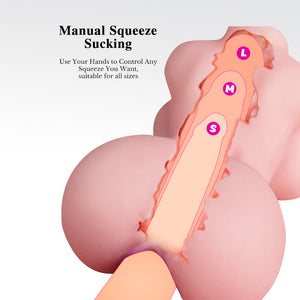 Illustration of a manual squeeze device with labeled sizes on a pink background.