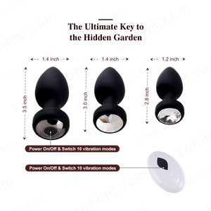 Black anal vibrators with crystal accents and measurements on a white background