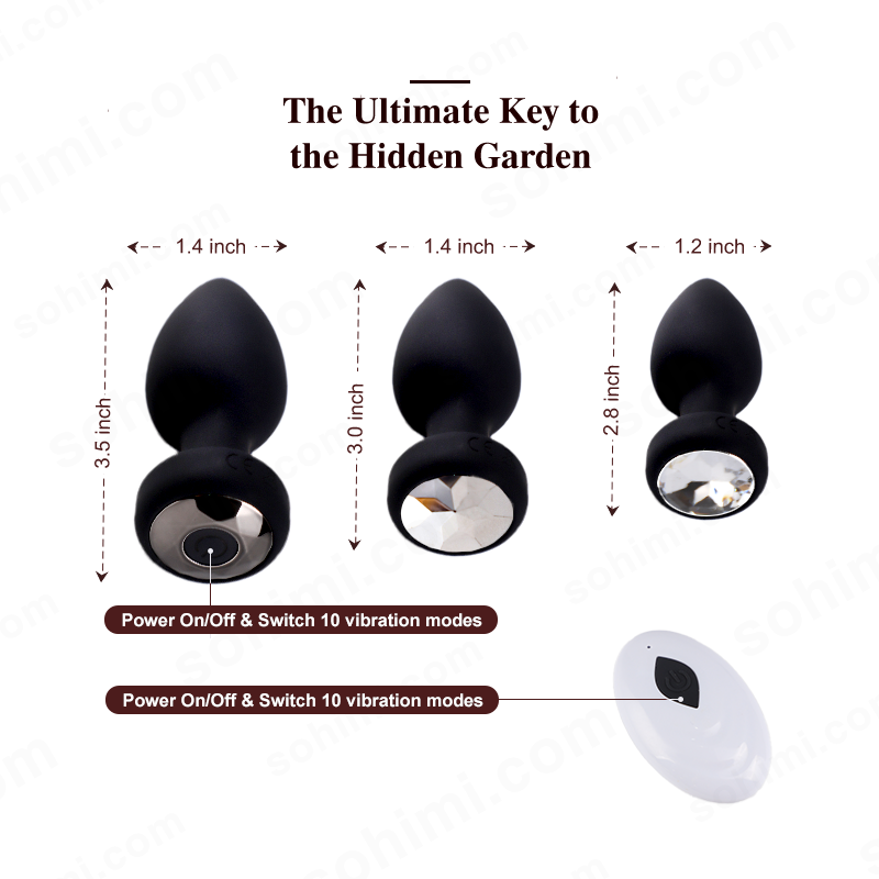 Black anal vibrators with crystal accents and measurements on a white background