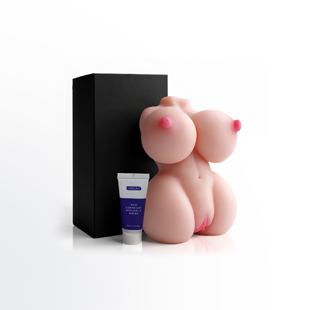 Pink silicone product with a black box and blue tube on a white background