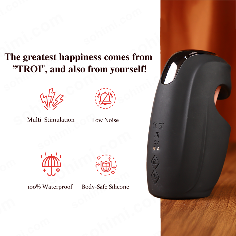 Black device with text and icons on a white background