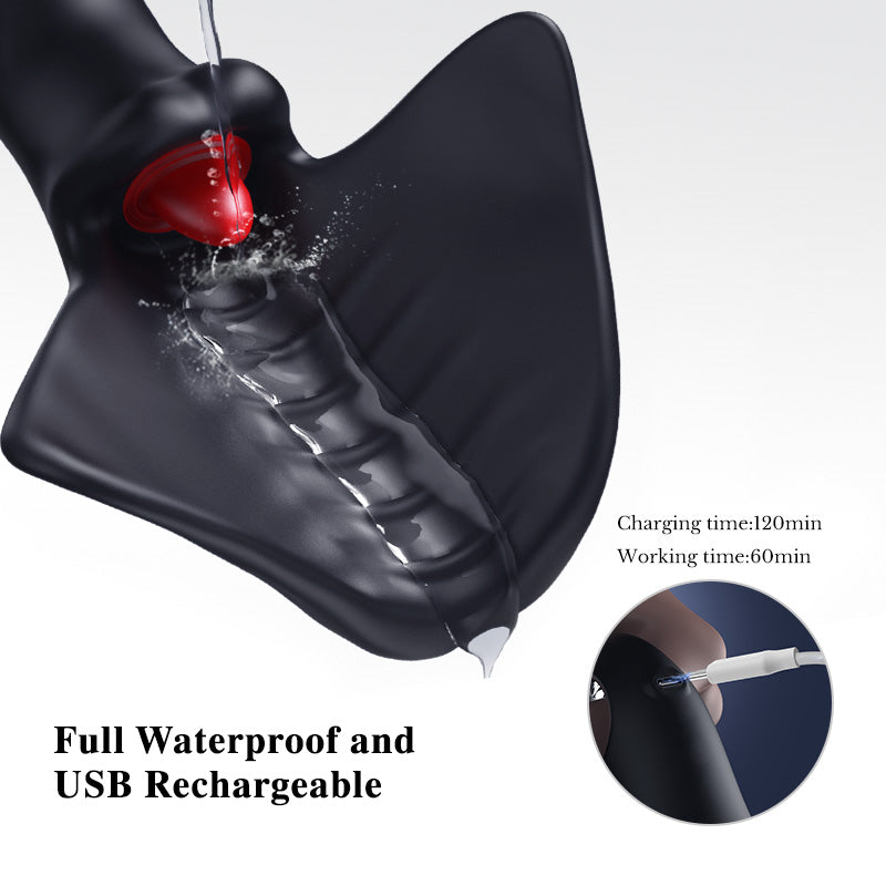 Black and red tool with water splash effect, labeled as full waterproof and USB rechargeable.