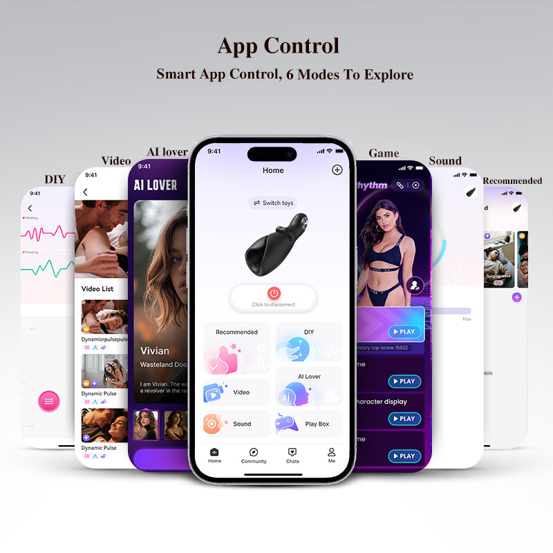 Smart app control interface with multiple screens on a gray background