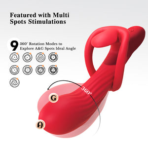 Red G-spot stimulator with text on multi-spot stimulations and rotation modes on a white background
