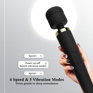 Black and gold massage wand held by a hand with text indicating speed control, power switch, and vibration mode options.