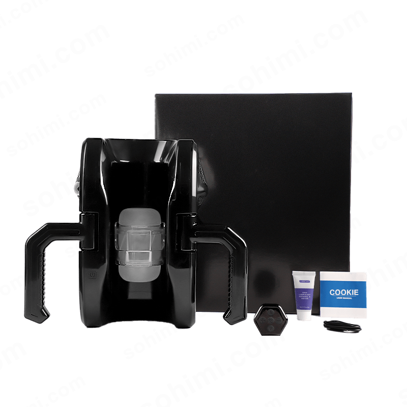 Black male sex toy machine and accessories on a transparent background with 'sohimi.com' branding.