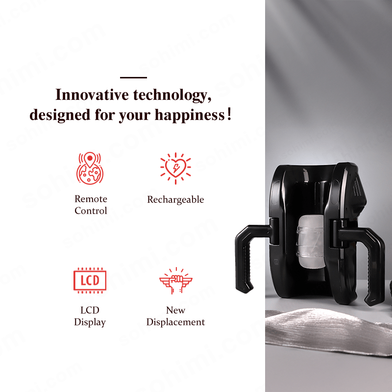 Product with features listed on a green background, including remote control, rechargeable, LCD display, and new displacement.