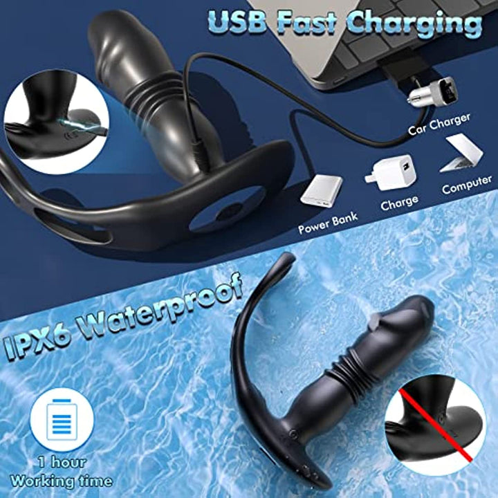 Dual Cock Ring Powerful Thrusting & Vibration Butt Plug - Sohimi